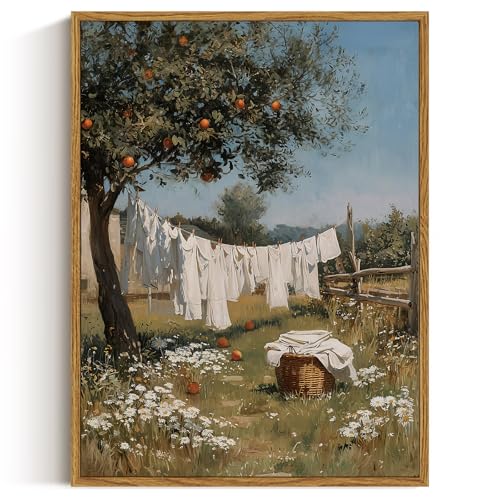 ARPEOTCY Vintage Framed Canvas Wall Art, 12x16inch, Farmhouse Laundry Wall Decor, Country Art Prints Home Decorations, Country Landscape Paintings for Summer Laundry Room Shelf Decor - color: Drying Area, size: 16"L x 12"W