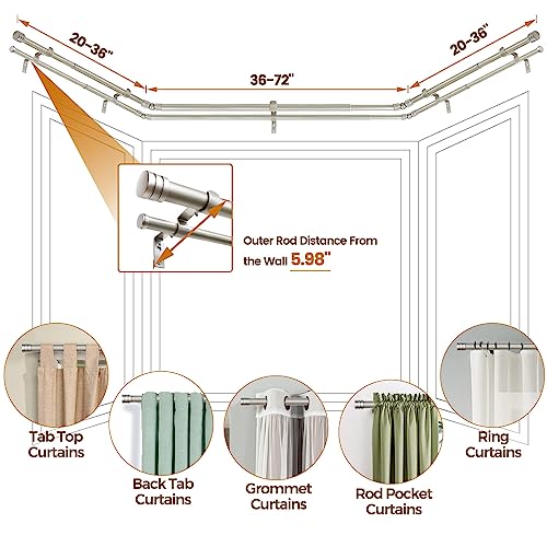 HOTOZON Double Bay Window Curtain Rods 36 to 72 Inches(Center Rod), Silver - color: Antque Silver