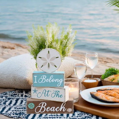GlikCeil 4 Pcs Beach Coastal Tiered Tray Decor Summer Sand Dollars Wooden Table Centerpieces Blocks Wooden Ocean Blocks Decorations Table Top Sign Decor for Farmhouse, Beach House, Tables Centerpiece - style: Coastal