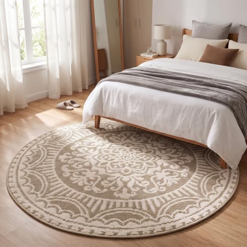 U'Artlines 4ft Round Area Rug Non Slip Low Pile Floor Carpet Beige - color: Beige, size: 4' (Round)