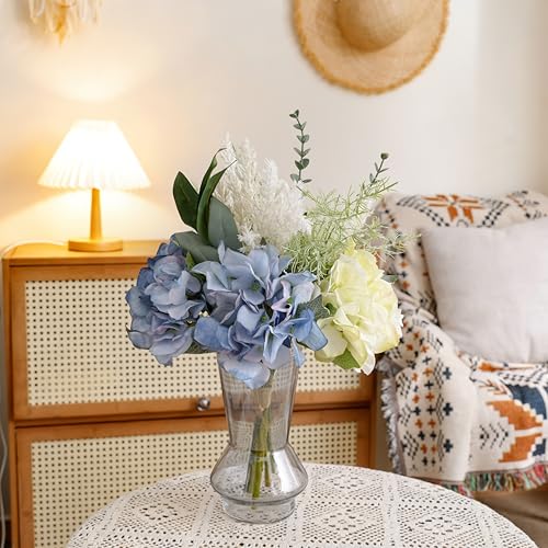 LUEUR Artificial Blue Hydrangea Flowers in Vase Centerpiece – Coastal Style - color: Green & Yellow