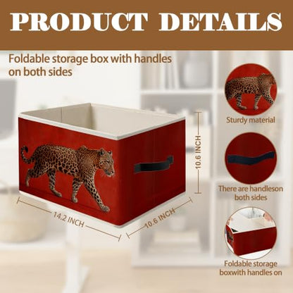 Trendy Retro Red and Leopard Print Storage Basket Organizer - color: Red and Leopard