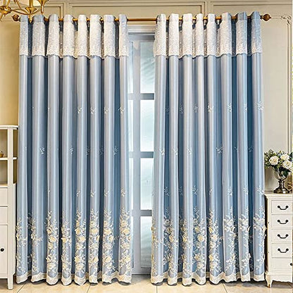 Amidoudou 1 Pair European 3D Flower Luxury Embroidered Curtains Double Layer Curtains with Valance for Living Room Bedroom (Blue,52x84 Inch) - color: Blue, size: 52"W x 84"L (Pack of 2)