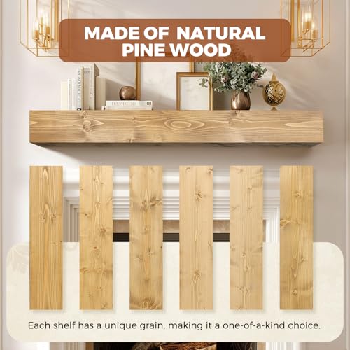 48x8x5in Pine Wood Fireplace Mantel Shelf, Natural Wood - color: Natural Wood, size: 48x5x8-hollow