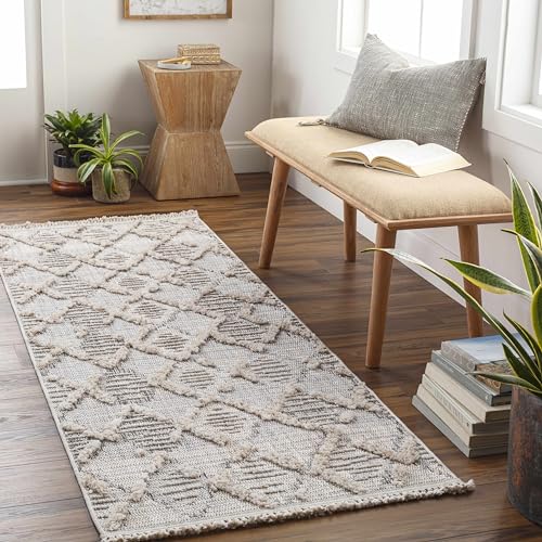 Hauteloom Atria Farmhouse Living Room Bedroom Moroccan Trellis Runner Rug - Soft Shaggy High Low Carpet - High Pile - Bohemian, Boho - Gray, Beige, Cream - 2'7" x 7'3" - color: Charcoal, Cream, Beige / Bogtong, size: 2'8" x 7'3" (Runner)