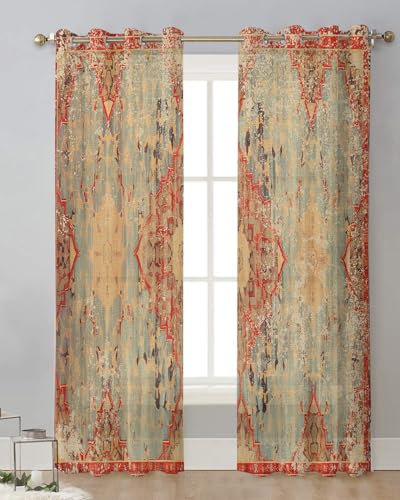 Geometric Boho Sheer Curtains 63 Inch Length 2 Panels Set, Grommet Kitchen Curtains Sheer Window Curtain for Living Room Bedroom Light & Airy Privacy Drapes Rustic Bohemian Floral Tribal Orange - size: 52"W x 63"L (Pack of 1)