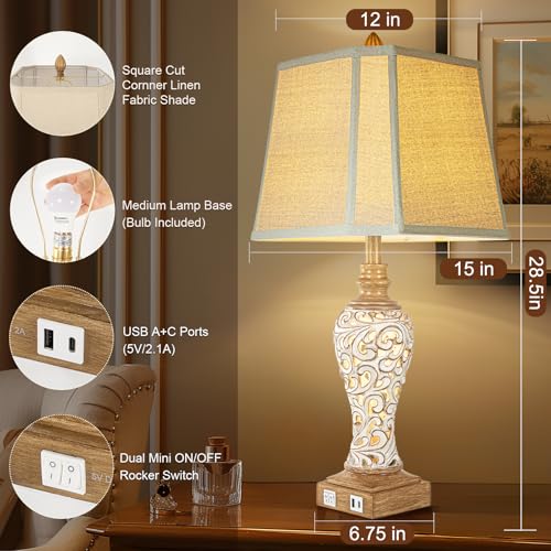 Rustic Table Lamp Set of 2 for Living Room with Night Lights, 28.5" Tall - color: Cream+Brown-Set of 2, size: 28.5 inch