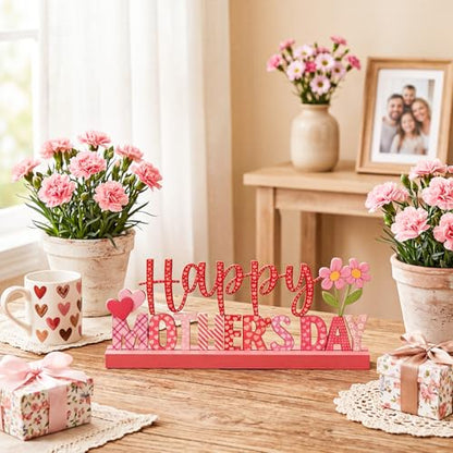 Yaocom 13.78 Inch Metal Happy Mothers Day Sign Mother's Day Table Decorations Holiday Tiered Tray Letter Sign Mom Table Centerpiece with Wooden Base for Home Shelf Mantel Office Kitchen Party Decor - style: Mothers Day