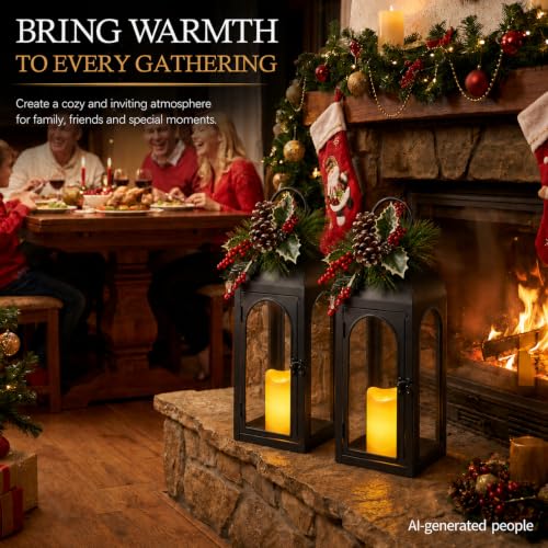 Bdor 16 Inch Black Metal Christmas Lantern with Remote LED Candle and Timer