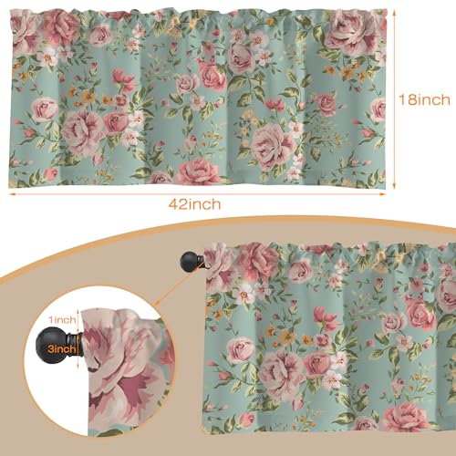 Vintage Flower Semi Sheer Green Valance, Short Window Treatment, Light Filtering Decor for Kitchen, Living Room, Bedroom - 42"x18" - color: Vintage Floral Flowers, size: 18"W x 42"L (Pack of 1)