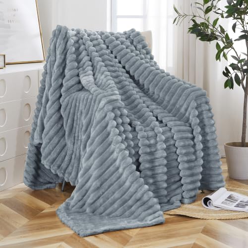 Taliska Ribbed Fleece Throw Blanket for Bed, Grey, 90"x90" - color: Grey, size: Throw(90"x90")