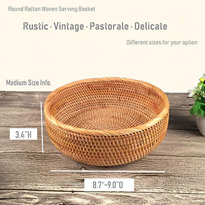 Set of 2 Round Rattan Bowl Baskets, 8 9 Inch Handmade Wicker Basket Tray with 3”Deep Wall, Decorative Woven Brown Bread Basket Fruit Bowl Table Key Holder, 2-Size - size: 2-Size Kit (Includes 8" & 9")