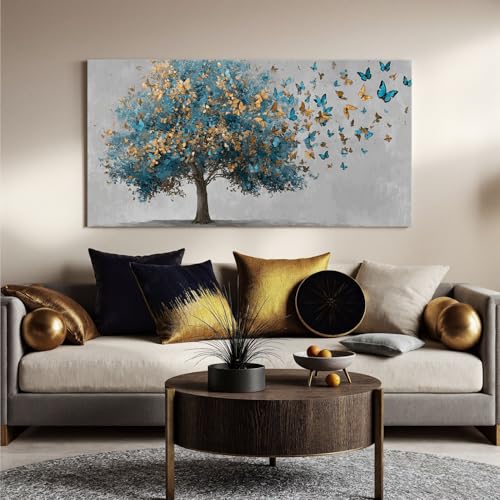 YISXINOAG Blue Gold Tree of Life Wall Art Butterfly Landscape Print 24"X48" - color: grey green, size: 48"L x 24"W