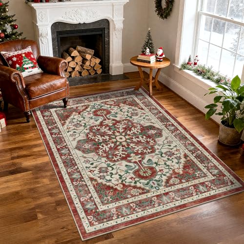U'Artlines Red Christmas Area Rug 5x7 Boho Washable Soft Holiday Carpet - color: Christmas Red, size: 5' x 7' (Rectangular)