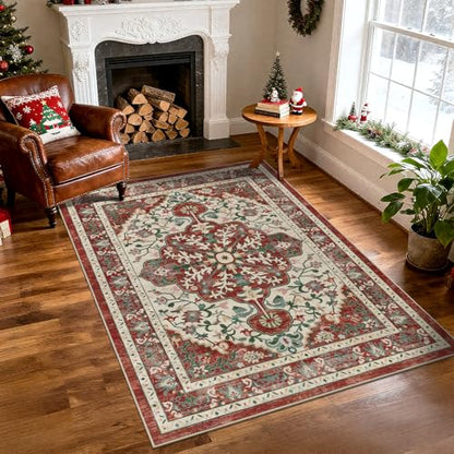 U'Artlines Red Christmas Area Rug 5x7 Boho Washable Soft Holiday Carpet - color: Christmas Red, size: 5' x 7' (Rectangular)