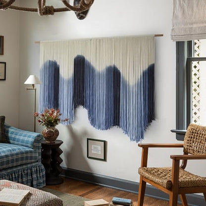 Macrame Wall Hanging Blue Large Hand-Dyed Ombre Fiber Tapestry 57"W*39"L - color: Blue