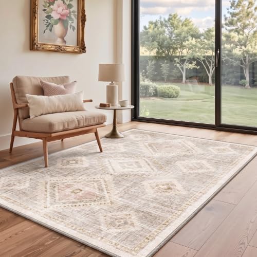 GENIMO 5X7 Area Rug for Living Room, Washable Boho Medallion Non Slip Thin - color: Blush Beige, size: 5' x 7' (Rectangular)
