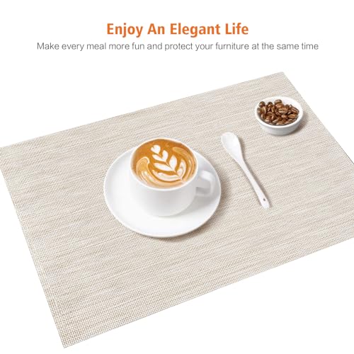 Beige White Vinyl Placemats Set of 6,Washable PVC Table Mats | Heat resistant, stain resistant non slip vinyl place mats, washable beige white table placemats for dining table - color: Beige-a, size: 6PCS 12"Wx18"L