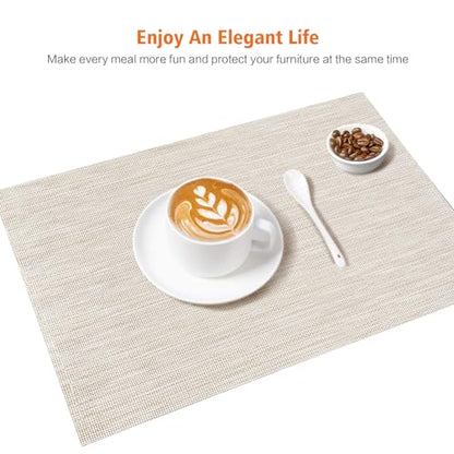 Beige White Vinyl Placemats Set of 6,Washable PVC Table Mats | Heat resistant, stain resistant non slip vinyl place mats, washable beige white table placemats for dining table - color: Beige-a, size: 6PCS 12"Wx18"L