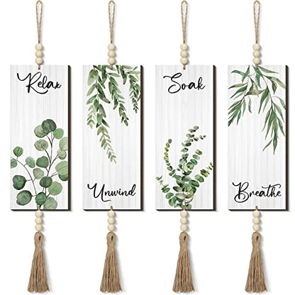 Qunclay 4 Pcs Boho Bathroom Wall Decor Relax Soak Unwind,Green,Plant - color: Green