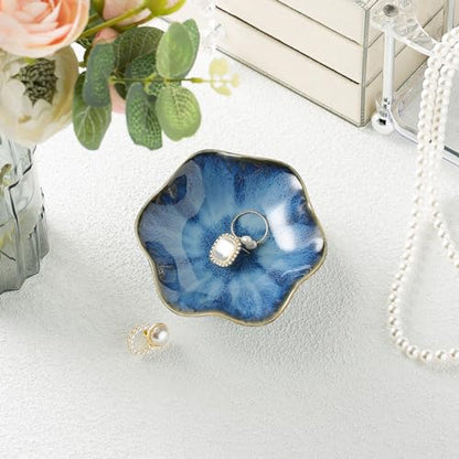 Ceramic Ring Dish, Jewelry Trinket Tray for Rings and Earrings - color: Dark Blue