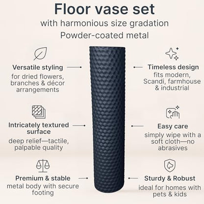 Leewadee Set of 2 Large Floor Vases Metal for Pampas Grass - color: Black