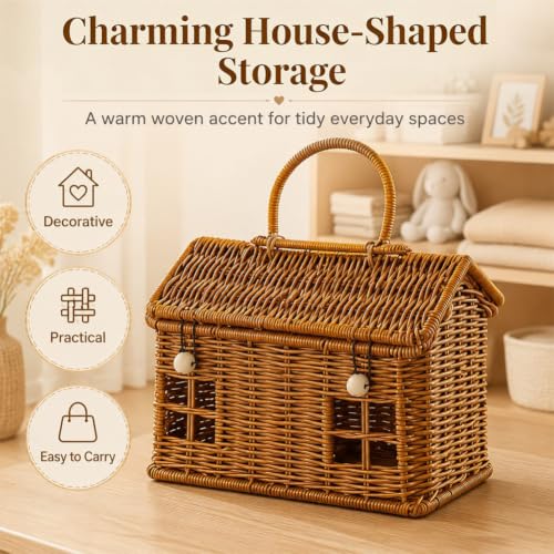 Rattan House Shape Storage Basket with Lid, Small Doll House, Decorative Hand Woven Shelf Organizer with Handle, Natural Harvest Wicker Basket for Picnics, Organizing, Storage (B, 1) - style: B
