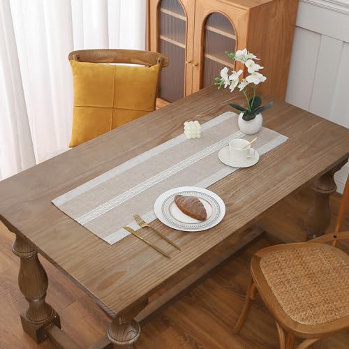 Gernaice Boho Table Runner, Rustic Cotton Linen Farmhouse Table Runners for Dresser End Coffee Table Home Decor, 24" L X 13" W Brown - size: 13" X 24", style: Brown Striped