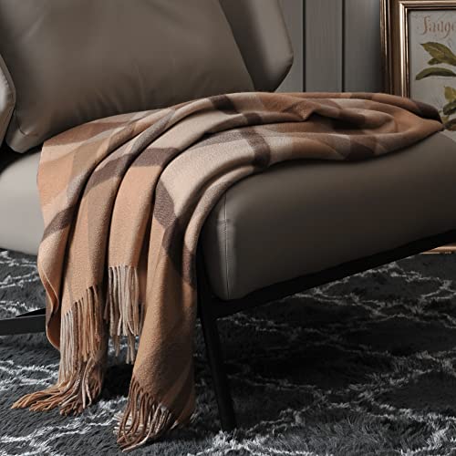 EP Mode 100% Pure Cashmere Throw Blanket for Sofa, Camel Tartan - color: Camel Tartan