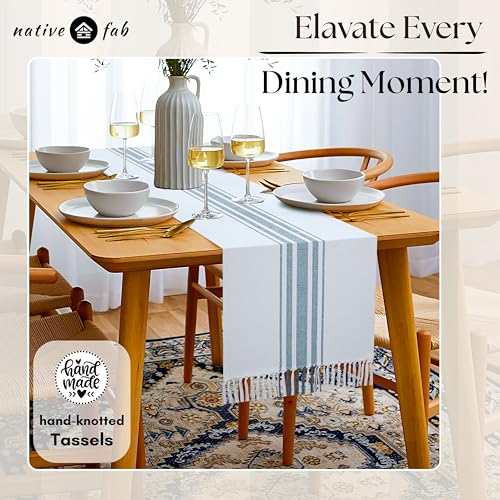 Native Fab Teal Table Runner 108 Inches Long - Boho Stripe Table Covers with Fringes - 100% Cotton, Tight Weave, Nonslip Tablerunner for Dining, Dresser, Wedding, Events - Teal Green (14x108 inches) - color: Green White, size: 14x108