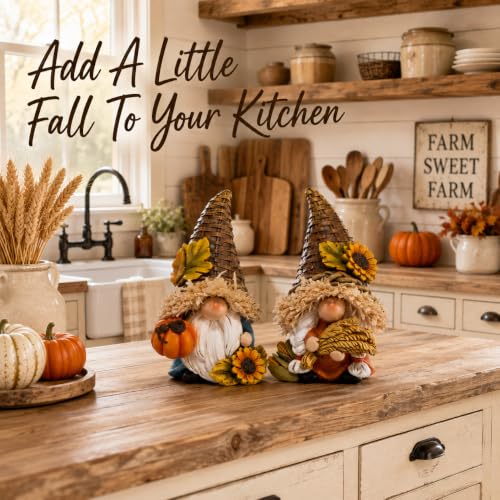 Hodao Thanksgiving Decor Harvest Elf Figurines with Pumpkin Sunflower - color: Brown-2 Pcs