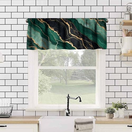 Green Black Marble Valance, Abstract Liquid Golden Lines Marble Blackout Short Thermal Insulated Rod Pocket Short Window Curtain for Cafe Bedroom Kitchen, 54x18inch - color: Marble-13