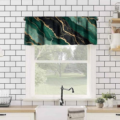 Green Black Marble Valance, Abstract Liquid Golden Lines Marble Blackout Short Thermal Insulated Rod Pocket Short Window Curtain for Cafe Bedroom Kitchen, 54x18inch - color: Marble-13
