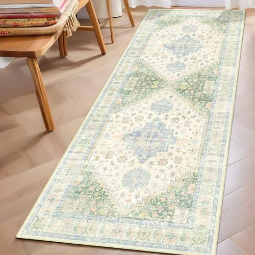 MUJOO Washable Runner Rug 2x6 Area Rugs Low Pile Non Slip Green and Blue - color: Green and Blue, size: 2' x 6' (Rectangular)