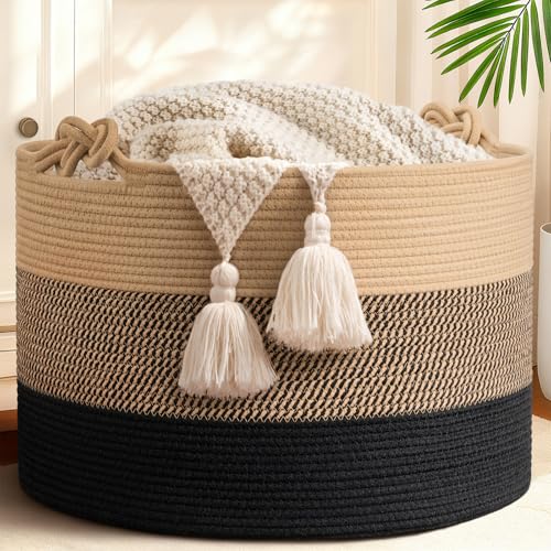 CherryNow 22"x22"x14" Large Blanket Basket, Home Décor for Living Room Bedroom, Decorative Wicker Woven Basket for Clothes, Toy Storage Basket for Kids, Camel Mix & Black - color: Camel Mix & Black, size: 83L (22"W x 14"H)