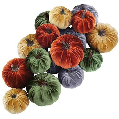 Winlyn 16 Pcs Assorted Small Faux Rustic Harvest Velvet Pumpkins Decorative Rust Orange Gold Olive Gray Fabric Pumpkins Foam Pumpkins Farmhouse Fall Thanksgiving Halloween Table Centerpiece Decor - color: Rustic Fall Color