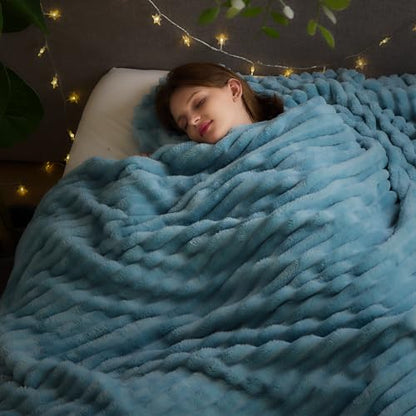 NEWCOSPLAY Fleece Ribbed Cozy Queen Blanket for Couch, Blue, 90"x90" - color: Blue Ribbed, size: Queen(90"x90")