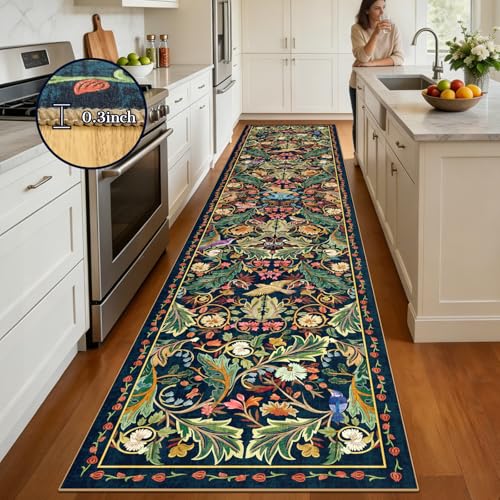 nesrt 3'x14' Washable Extra Long Boho Runner Rug, Soft Non-Slip Hallway Kitchen Carpet Runner, Thin Jungle Bird Indoor Decor Rug for Farmhouse, Living Room, Bedroom (Dark Green) - color: Dark Green, size: 3' x 14' (Rectangular)