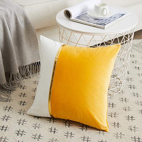 Fancy Homi Pack of 2 Patchwork Soft Velvet Decorative Throw Pillow Covers, Luxury Modern Solid Cushion Case for Couch Sofa Bed Livingroom, Yellow, 20" x 20" (Pack of 2) - color: Yellow, size: 20" x 20" (Pack of 2)