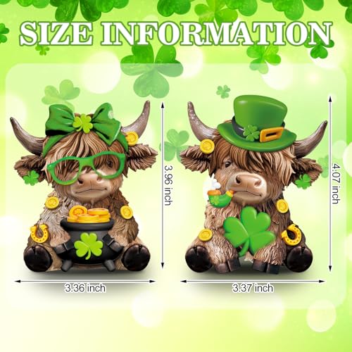 Karenhi 2 Pcs Highland Cow Figurines, Shamrock St Patricks Day Decor - style: Shamrocks