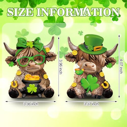 Karenhi 2 Pcs Highland Cow Figurines, Shamrock St Patricks Day Decor - style: Shamrocks