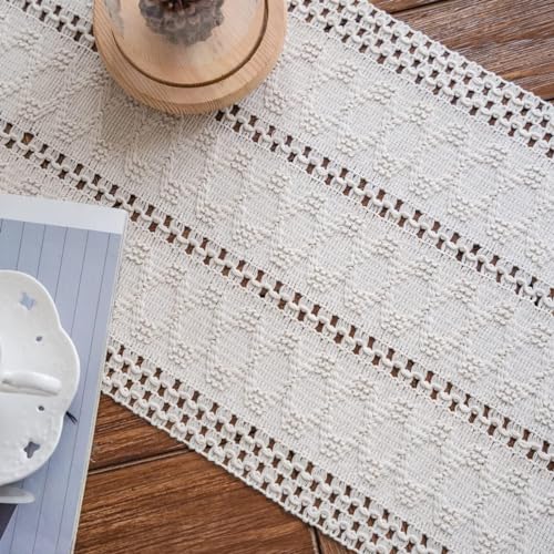 Macrame Table Runner Cream Beige Boho Table Runners with Tassels 12x60in - size: 12"Wx60"L