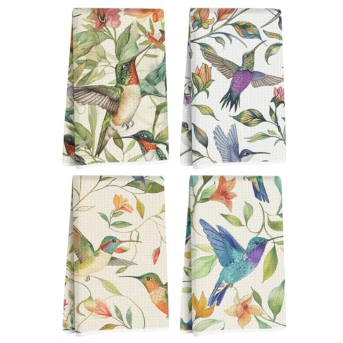 4 Pcs Hummingbird Kitchen Towels, Artistic Floral Decorative Dish Towel - color: Multi 1412