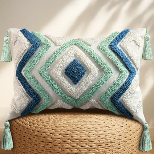 Lumbar Pillow Covers 12x20 - Tufted Decorative Throw Pillow Cover with Zipper for Couch Sofa Bed Living Room Aesthetic Tassels Textured Striped Farmhouse Oblong Pillowcases, Green Blue Rhomb - color: Green Blue Rhomb, size: 20" x 12" (Pack of 1)