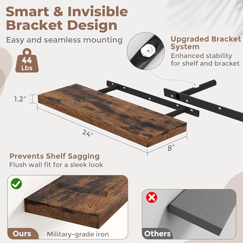 24 Inch Floating Shelves, 8"Deep Wall Shelf, 44 Lbs Capacity, Brown, 2pcs - color: Brown, size: 24"Wx8"Dx1.2"H