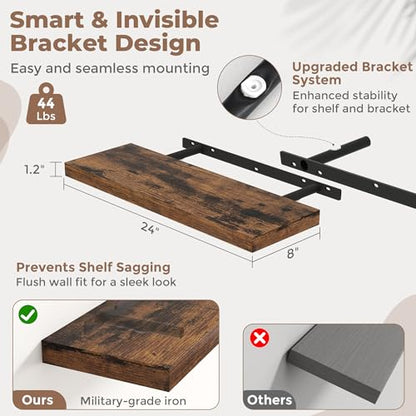 24 Inch Floating Shelves, 8"Deep Wall Shelf, 44 Lbs Capacity, Brown, 2pcs - color: Brown, size: 24"Wx8"Dx1.2"H