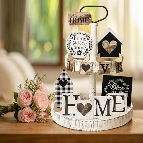 Smile 13pcs Indoor Wooden Decor, Love Home Sweet Home, Rustic Farmhouse Tiered Tray Set Home Decor for Kitchens (Without Trays) - style: Classic