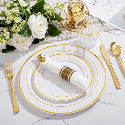 WELLIFE Disposable Plates & Gold Silverware Set, 350 Pieces for 50 Guests - color: Gold, style: 350PCS（50 Guests）