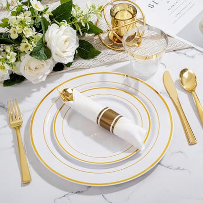 WELLIFE Disposable Plates & Gold Silverware Set, 350 Pieces for 50 Guests - color: Gold, style: 350PCS（50 Guests）