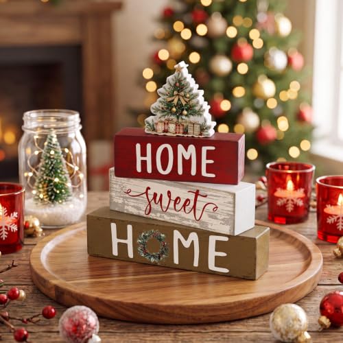 Cinnvoice 4 Pcs Red Christmas Tree Wooden Home Sweet Home Block Shelf Decor - style: Christmas Tree